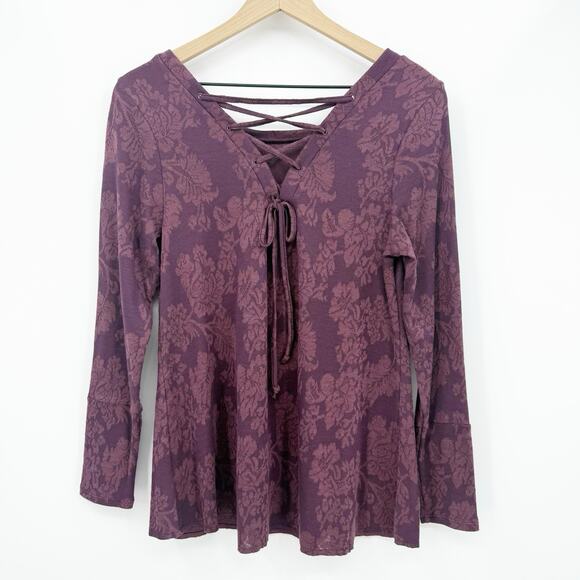 Knox Rose Floral Damask Top S Purple Long Sleeve Boho Lace Up Romantic Feminine - Picture 2 of 7